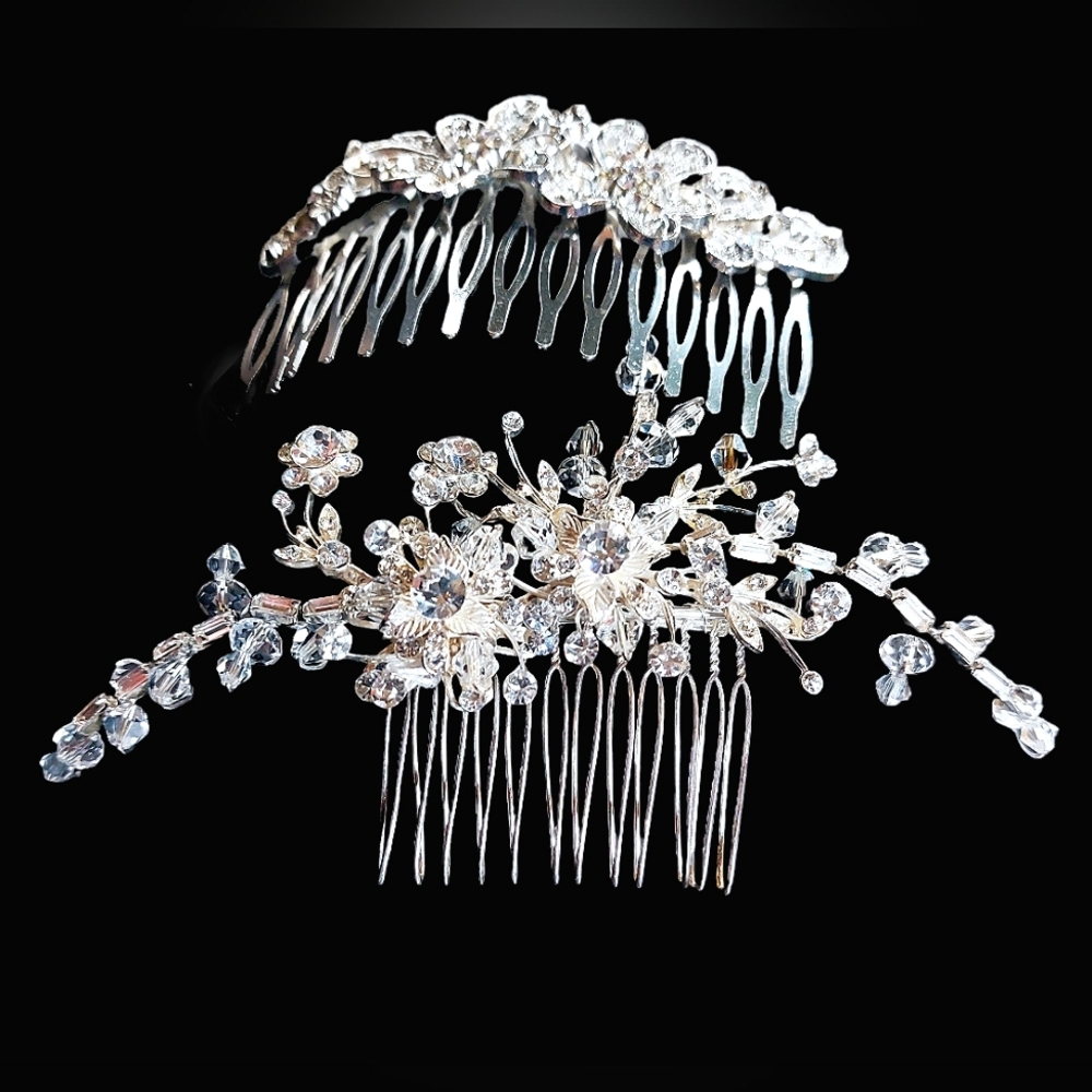 (2)Elegant Silver Floral Hair Combs